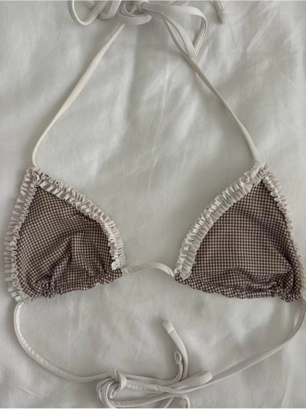 Frankie's Bikinis Brown Gingham Triangle Top with White Ruffle